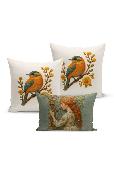 Bertille Home Set de 3 huse de pernă cu imprimare digitală pe două părți (aspect de broderie cu model de puncție)