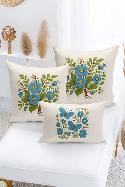 Bertille Home Set de 3 huse de pernă cu imprimare digitală pe două părți (aspect de broderie cu model de puncție)
