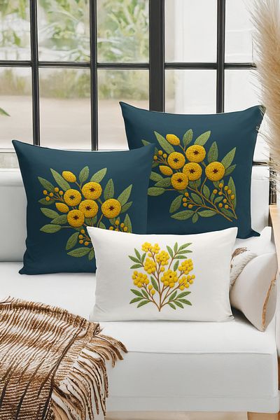 Bertille Home Set de 3 huse de pernă cu imprimare digitală pe două părți (aspect de broderie cu model de puncție)