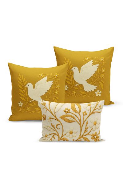 Bertille Home Set de 3 huse de pernă cu imprimare digitală pe două părți (aspect de broderie cu model de puncție)