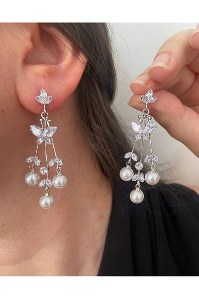 ER TAKI Stoned Silver Color Pearl Dangle Stylish Butterfly Party Engagement Henna Wedding Wedding Evening Dress Earrings