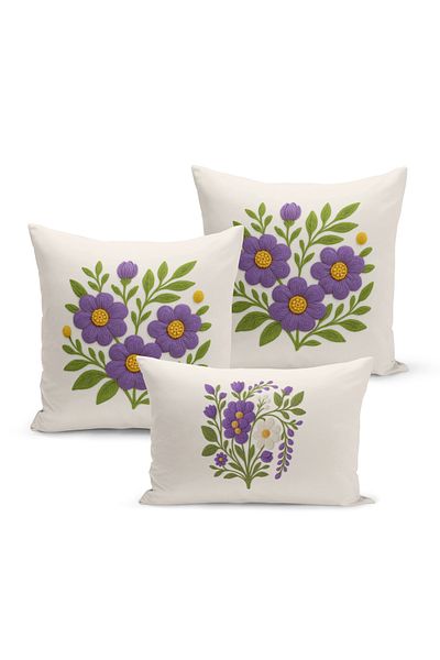 Bertille Home Set de 3 huse de pernă cu imprimare digitală pe două părți (aspect de broderie cu model de puncție)