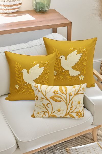 Bertille Home Set de 3 huse de pernă cu imprimare digitală pe două părți (aspect de broderie cu model de puncție)