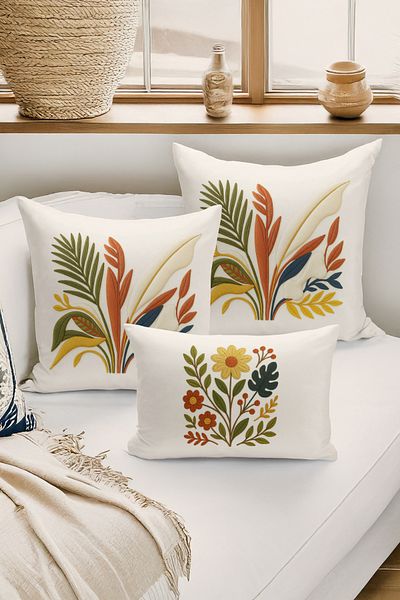 Bertille Home Set de 3 huse de pernă cu imprimare digitală pe două părți (aspect de broderie cu model de puncție)