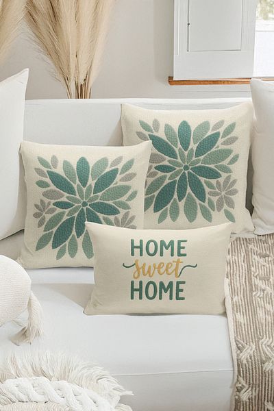 Bertille Home Set de 3 huse de pernă cu imprimare digitală pe două părți (aspect de broderie cu model de puncție)
