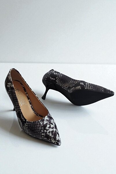 ERS Air Comfort Genuine Leather Snake Patterned Black and White Stiletto – 7 cm Heeled Stylish Pointed Toe Women's Shoes
