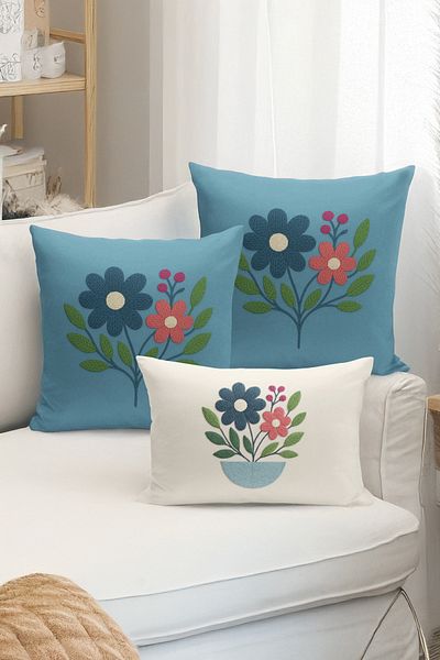 Bertille Home Set de 3 huse de pernă cu imprimare digitală pe două părți (aspect de broderie cu model de puncție)
