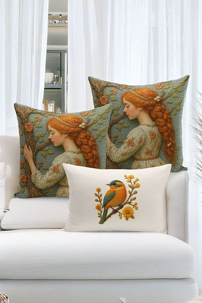 Bertille Home Set de 3 huse de pernă cu imprimare digitală pe două părți (aspect de broderie cu model de puncție)