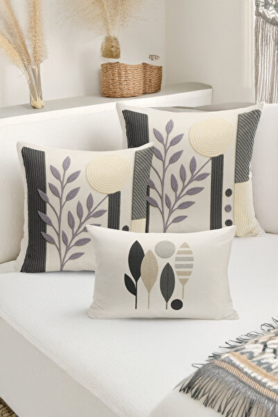 Bertille Home Set de 3 huse de pernă cu imprimare digitală pe două părți (aspect de broderie cu model de puncție)