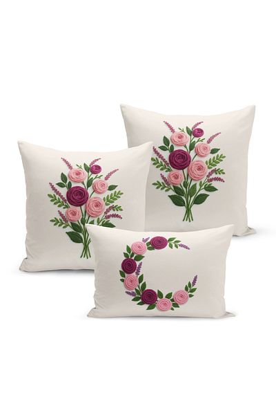 Bertille Home Set de 3 huse de pernă cu imprimare digitală pe două părți (aspect de broderie cu model de puncție)