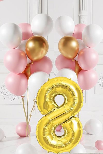 tedaks 8 Year Old Retro Gold Pink White Balloon Set Birthday Balloon with Gold Numbers Stylish Party Ornament