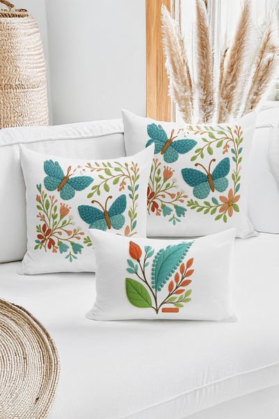 Bertille Home Set de 3 huse de pernă cu imprimare digitală pe două părți (aspect de broderie cu model de puncție)