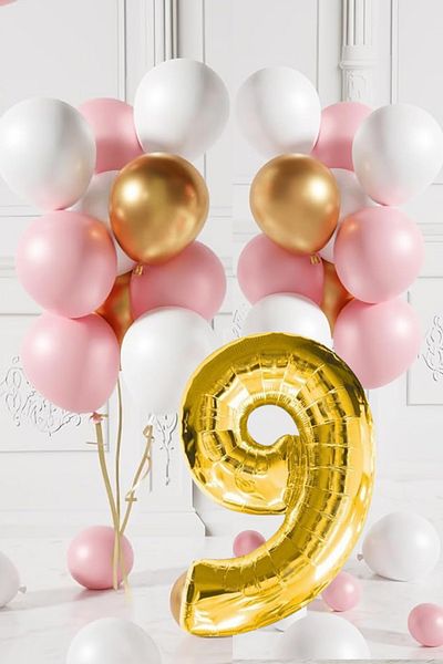 tedaks 9 Year Old Retro Gold Pink White Balloon Set Birthday Balloon with Gold Numbers Stylish Party Ornament