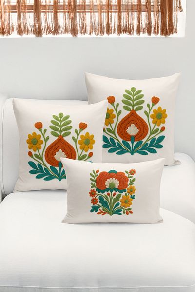 Bertille Home Set de 3 huse de pernă cu imprimare digitală pe două părți (aspect de broderie cu model de puncție)