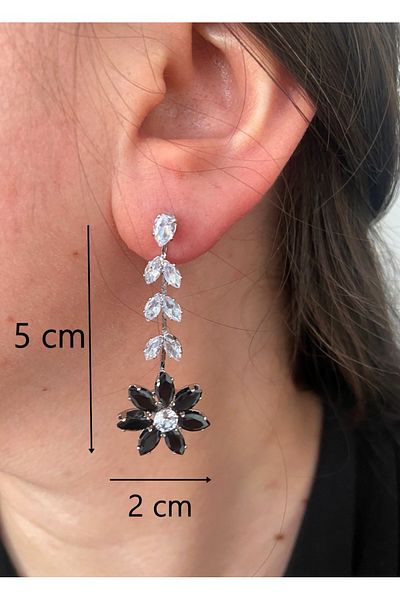ER TAKI Silver Colored Black Stone Flower Dangle Stylish Party Engagement Henna Wedding Evening Dress Earrings