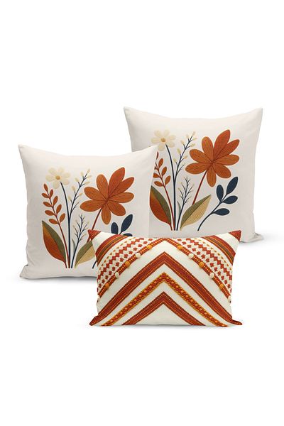 Bertille Home Set de 3 huse de pernă cu imprimare digitală pe două părți (aspect de broderie cu model de puncție)