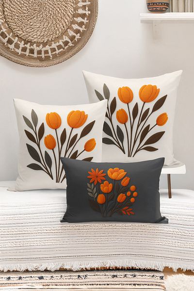 Bertille Home Set de 3 huse de pernă cu imprimare digitală pe două părți (aspect de broderie cu model de puncție)
