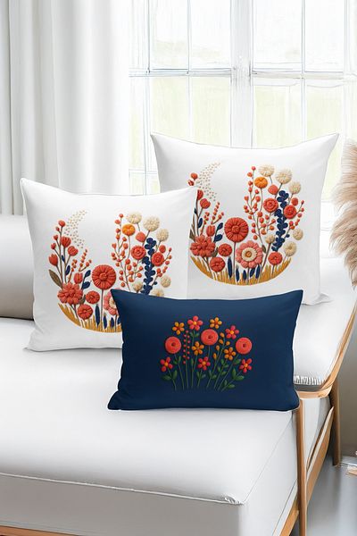Bertille Home Set de 3 huse de pernă cu imprimare digitală pe două părți (aspect de broderie cu model de puncție)