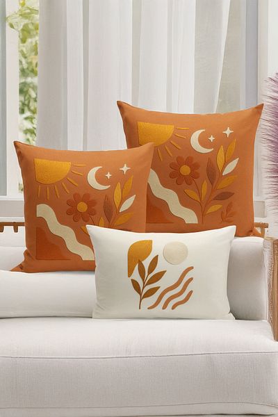 Bertille Home Set de 3 huse de pernă cu imprimare digitală pe două părți (aspect de broderie cu model de puncție)