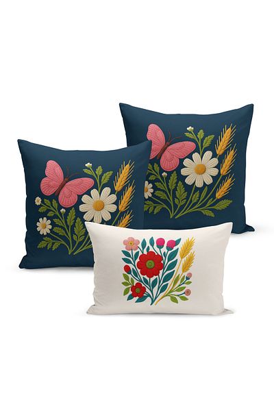 Bertille Home Set de 3 huse de pernă cu imprimare digitală pe două părți (aspect de broderie cu model de puncție)