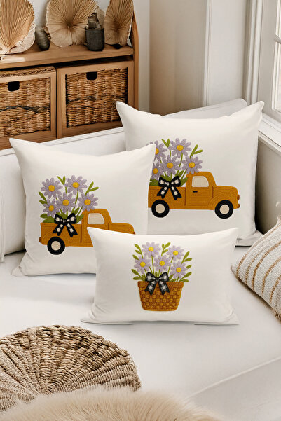 Bertille Home Set de 3 huse de pernă cu imprimare digitală pe două părți (aspect de broderie cu model de puncție)