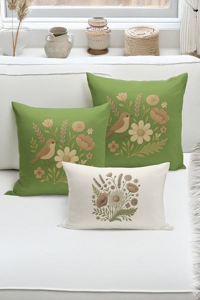 Bertille Home Set de 3 huse de pernă cu imprimare digitală pe două părți (aspect de broderie cu model de puncție)