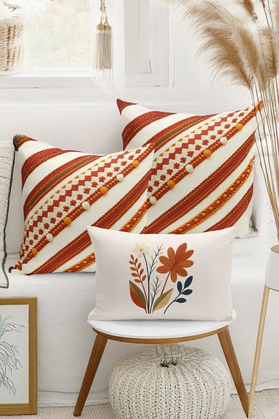 Bertille Home Set de 3 huse de pernă cu imprimare digitală pe două părți (aspect de broderie cu model de puncție)
