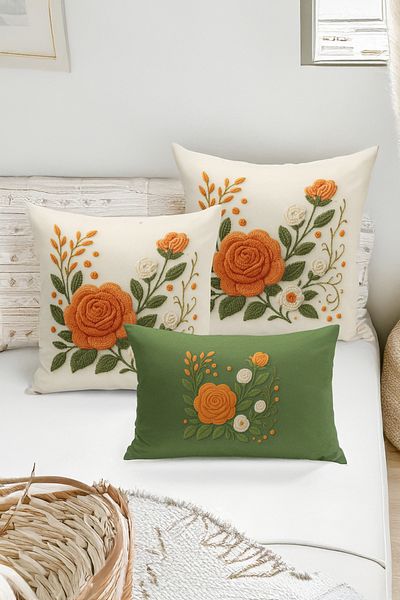 Bertille Home Set de 3 huse de pernă cu imprimare digitală pe două părți (aspect de broderie cu model de puncție)