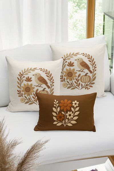 Bertille Home Set de 3 huse de pernă cu imprimare digitală pe două părți (aspect de broderie cu model de puncție)