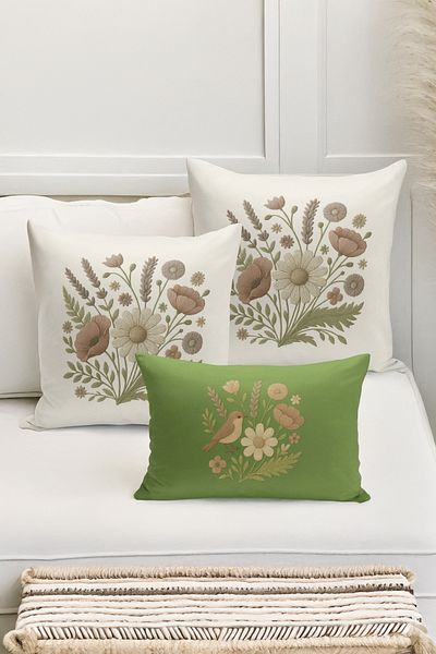 Bertille Home Set de 3 huse de pernă cu imprimare digitală pe două părți (aspect de broderie cu model de puncție)