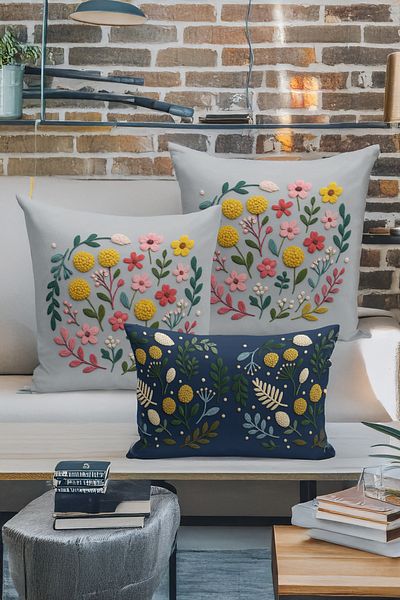 Bertille Home Set de 3 huse de pernă cu imprimare digitală pe două părți (aspect de broderie cu model de puncție)