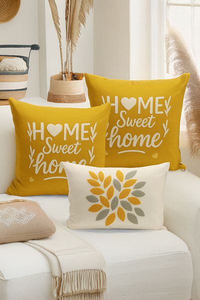 Bertille Home Set de 3 huse de pernă cu imprimare digitală pe două părți (aspect de broderie cu model de puncție)