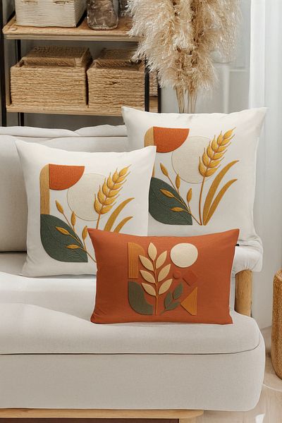Bertille Home Set de 3 huse de pernă cu imprimare digitală pe două părți (aspect de broderie cu model de puncție)