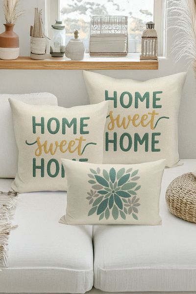 Bertille Home Set de 3 huse de pernă cu imprimare digitală pe două părți (aspect de broderie cu model de puncție)