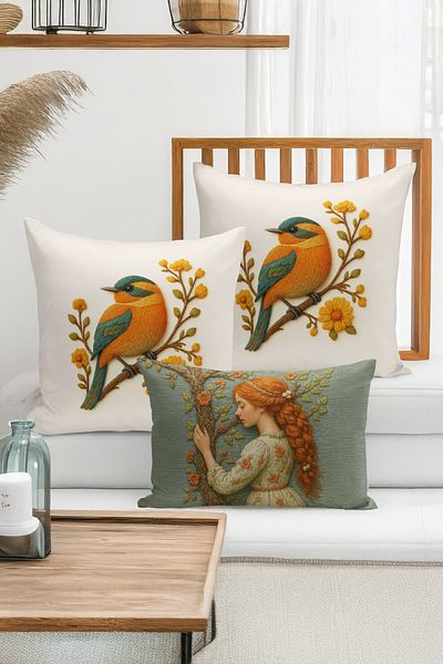 Bertille Home Set de 3 huse de pernă cu imprimare digitală pe două părți (aspect de broderie cu model de puncție)
