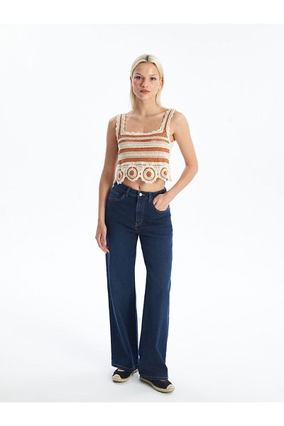 LC Waikiki Ecru Square Collar Self Patterned Women's Crop