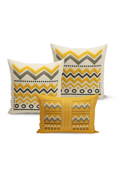 Bertille Home Set de 3 huse de pernă cu imprimare digitală pe două părți (aspect de broderie cu model de puncție)