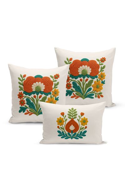 Bertille Home Set de 3 huse de pernă cu imprimare digitală pe două părți (aspect de broderie cu model de puncție)