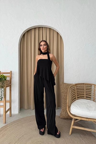 MOZENA Strapless Asymmetrical Blouse and Pants Scarf Set