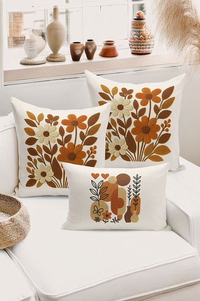 Bertille Home Set de 3 huse de pernă cu imprimare digitală pe două părți (aspect de broderie cu model de puncție)