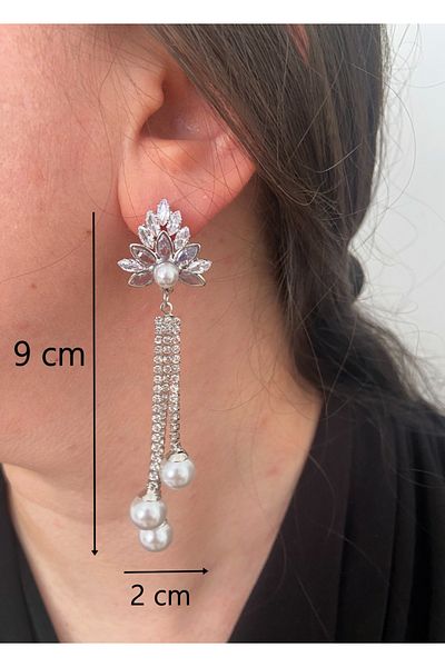 ER TAKI Stoned Silver Color Long Pearl Dangle Stylish Party Engagement Henna Wedding Wedding Evening Dress Earrings