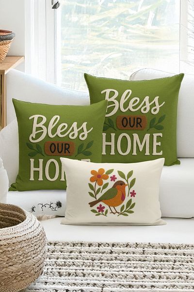 Bertille Home Set de 3 huse de pernă cu imprimare digitală pe două părți (aspect de broderie cu model de puncție)