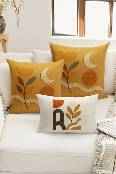Bertille Home Set de 3 huse de pernă cu imprimare digitală pe două părți (aspect de broderie cu model de puncție)