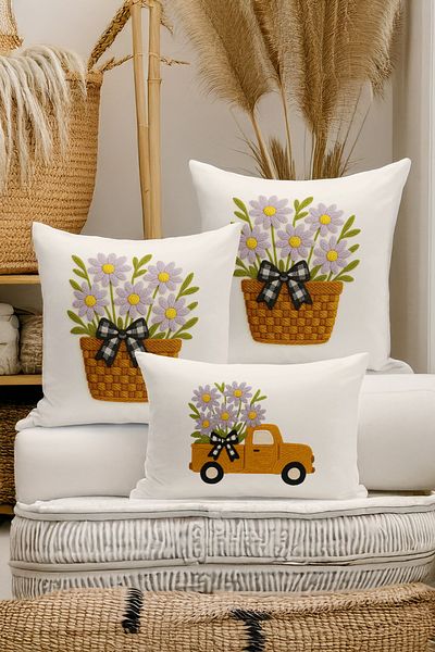 Bertille Home Set de 3 huse de pernă cu imprimare digitală pe două părți (aspect de broderie cu model de puncție)
