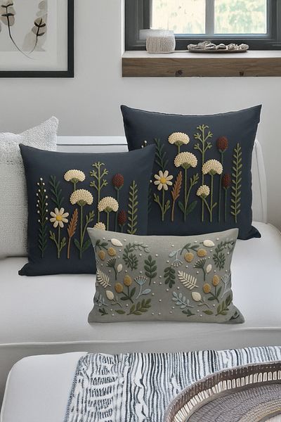 Bertille Home Set de 3 huse de pernă cu imprimare digitală pe două părți (aspect de broderie cu model de puncție)