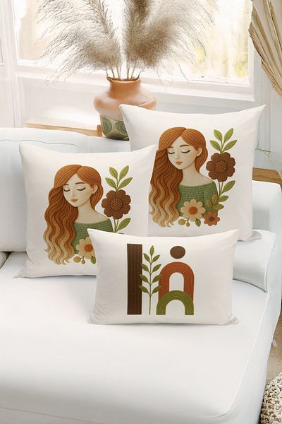 Bertille Home Set de 3 huse de pernă cu imprimare digitală pe două părți (aspect de broderie cu model de puncție)