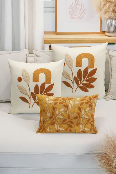 Bertille Home Set de 3 huse de pernă cu imprimare digitală pe două părți (aspect de broderie cu model de puncție)