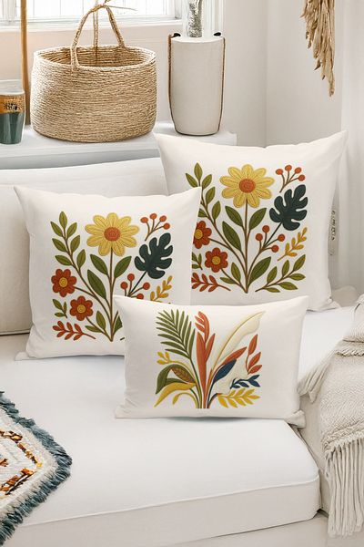 Bertille Home Set de 3 huse de pernă cu imprimare digitală pe două părți (aspect de broderie cu model de puncție)