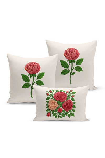 Bertille Home Set de 3 huse de pernă cu imprimare digitală pe două părți (aspect de broderie cu model de puncție)