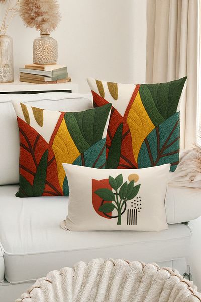 Bertille Home Set de 3 huse de pernă cu imprimare digitală pe două părți (aspect de broderie cu model de puncție)